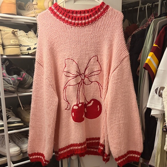 Pink Lily Sweaters - Pink Lily Pink and Red Bow Cherry Chunky Knit Sweater